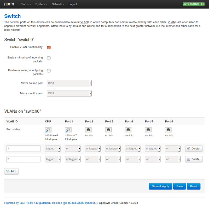 LuCI VLAN screen with stock configuration