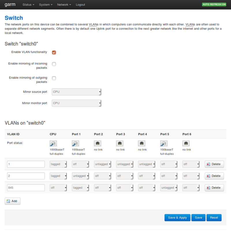 LuCI VLAN screen with VID 845 added